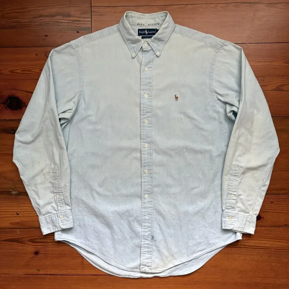 Vintage Polo Ralph Lauren Chambray Shirt Men's Size XL Blue Flesh Pony WORN 90s